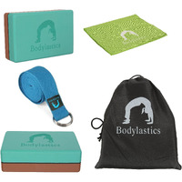 Bodylastics Yoga Blocks Set of 2, Yoga Strap, Cooling Towel with Storage Bag High Density EVA Foam Non-Slip Workout Bricks to Improve Poses Balance Flexibility Support Strength Training Exercise