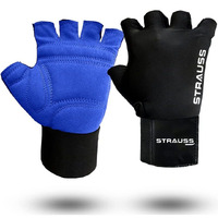 Strauss Suede Gym Gloves for Weightlifting, Training, Cycling, Exercise & Gym | Half Finger Design, 8mm Foam Cushioning, Anti-Slip & Breathable Lycra Material, (Black Blue), (Medium)