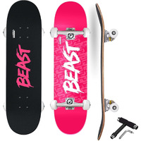 Jaspo Beast Skateboard: 31 x8  Canadian Maple Deck with UV Printing, Black Grip Tape, and Soft PU Risers - Perfect for Kids, Youth, Boys, and Girls (Pink Black)