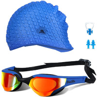 Primalite Swimming Goggles Mirrored & Swim Caps, Nose Clip, Ear Plug & Mesh Bag Set- 3 Sizes Nose Bridge | Silicone, Non-Slip Combo Kit, Anti-Fog, UV Protection, No Leaking- Adults Men Women-Dark Blue
