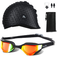 Primalite Swimming Goggles Mirrored & Swim Caps, Nose Clip, Ear Plug & Mesh Bag Set- 3 Sizes Nose Bridge | Silicone, Non-Slip Combo Kit, Anti-Fog, UV Protection, No Leaking- Adults Men Women-Jet Black