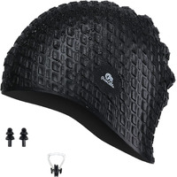 Primalite Silicone Swimming Cap with Nose Clip & Ear Plug- Long & Short Hair, Cover Ears to Keep Hair Dry, Waterproof Swim Caps, Anti-Slip Comfortable High Elasticity- Adults Men Women Kids- Jet Black