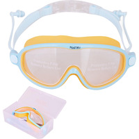 PANFIKH Swimming Goggles for Kids 6-14 Ages with Adjustable Strap Swimming Accessories Clear Lenses Swimming Goggles for Women Swimming Gear - Big Frame Goggle, Leakproof, Anti-Fog (Blue-Orange)