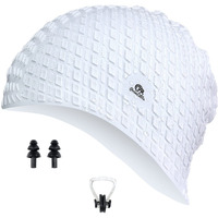 Primalite Silicone Swimming Cap with Nose Clip & Ear Plug- Long & Short Hair, Cover Ears to Keep Hair Dry, Waterproof Swim Caps, Anti-Slip Comfortable High Elasticity- Adults Men Women Kids- White