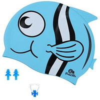 Primalite Swim Caps for Kids- Aged 3-12, Happy Fish Cartoon Design, Silicone Waterproof Comfy Bathing Cap Swimming Hat for Long & Short Hair, Waterproof Stretchy for Children, Boys & Girls- Blue