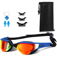 Primalite Swimming Goggles Mirrored-3 Sizes Replaceable Nose Bridge|Anti-Fog,Uv Protection For Adults Men Women-Free Nose Clip,Ear Plugs,Mesh Bag-No Leaking,Adjustable Strap,Wide View-Dark Blue