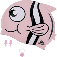 Primalite Swim Caps for Kids- Aged 3-12, Happy Fish Cartoon Design, Silicone Waterproof Comfy Bathing Cap Swimming Hat for Long & Short Hair, Waterproof Stretchy for Children, Boys & Girls- Pink
