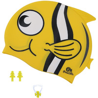 Primalite Swim Caps for Kids- Aged 3-12, Happy Fish Cartoon Design, Silicone Waterproof Comfy Bathing Cap Swimming Hat for Long & Short Hair, Waterproof Stretchy for Children, Boys & Girls- Yellow