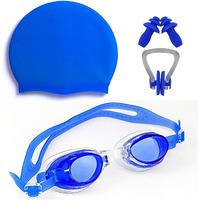 Drauss Swimming Kit Contain Anti Fog Swimming Goggle, 2 Ear Plugs, 1 Nose Clip and 100% Silicone Swimming Cap (Blue)