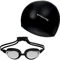 STRAUSS Swimming Set with UV and Anti Fog Protection Goggles, Swim Cap, Earplug and Nose Plug Set - Suitable Swimming Kit for All Age Group | Fully Adjustable | (Black)