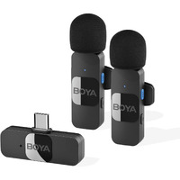 Boya BY-V20 2.4 ghz Omnidirectional Wireless Microphone System with 2 Transmitters & a Receiver for Android/Type-C Devices. 50m Range. for Vlog, Social Media, YouTube Content & Rechargeable Battery.