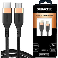 Duracell Type-C To Micro 1.2M braided Sync & Charge Cable, USB C to Micro Fast Charge Compatible for fast data transmission (Black)