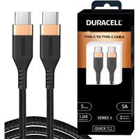 Duracell Usb Type C To Type C 5A(100W) Braided Sync& Charging Cable,Compatible With Mobile,Laptop,Tablets&Macbook,3.9 Feet(1.2M) Supports Pd&Qc 3.0 Charging,5 Gbps Data Transmission,Black