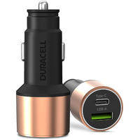 Duracell 65W Fast Car Charger Adapter with Dual Output. Quick Charge, Type C PD 45W & Qualcomm Certified 3.0 20W, Compatible for iPhone, All Smartphones, Tablets & More (Copper & Black)