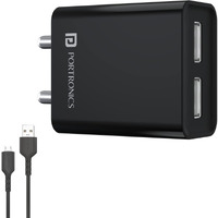 Portronics Adapto 66 2.4A 12w Dual USB Port 5V/2.4A Wall Charger,Comes with 1M Micro USB Cable, USB Wall Charger Adapter for Smartphone (Black)