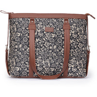 ZOUK Black Floral Printed Handmade Vegan Leather Women's Office Bag for 15.6 inch Laptop with double handles - FloMotif