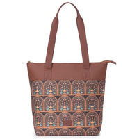 ZOUK Royal Indian Peacock Motif Printed Women's Jute Handcrafted Vegan Leather Grey Everyday Tote