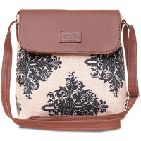 ZOUK Mughal Motif Printed Women's Hand Crafted Vegan Leather Cream Flap Sling Bag