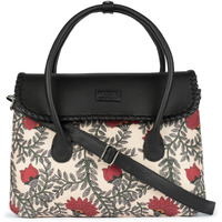 ZOUK Nawabi Cauture Floral Printed Jute Handcrafted Vegan Leather Red and Beige Women's Satchel Bag | Ladies Purse Handbag | Double Handle Detachable Strap