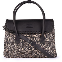 ZOUK Flomotif Floral Printed Jute Handcrafted Vegan Leather Black Women's Satchel Bag | Ladies Purse Handbag | Double Handle Detachable Strap