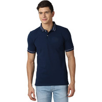 Peter England Men's Regular Fit Branded Insignia Half Sleeve Polo T-Shirt | Cotton Rich | Premium Pique Weave Medium Blue