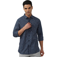 Peter England Men's Slim Fit Full Sleeve Checkered Casual Shirt | 100% Cotton | Premium Twill Weave Navy