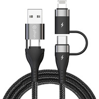 pTron Solero 4 in 1 Fast Charging USB Cable, Compatible with Oppo/Samsung/Vivo/Realme/iPhones, 65W Type C to Type C, 60W USB to Type C, 30W Type C to 8 Pin iOS, 15W USB to iOS, Nylon Braided(1M Black)