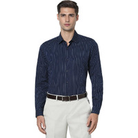 Peter England Men's Slim Fit Full Sleeve Striped Formal Shirt | Cotton Rich | Wonder Fabric | Pin Point Oxford Navy