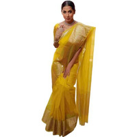 Yashika Women's Plain Organza Saree with Floral Woven Border and Unstitched Blouse Material (AZ-YS-OG1-ORGANZA Yellow