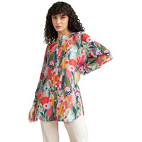 Leriya Fashion Rayon Vibrant Floral Printed Long Cuff Sleeves Button Closure Mandarin Collar Fancy Shirt Style Tops for Women Suitable for Office Party for Girls (2X-Large, Orange)