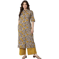 rytras Women's Cotton Printed A-Line Kurta with Palazzo Pant Set(Mustard,RYT583,M)