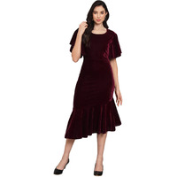 Vaararo Women's Velvet Bodycon Midi Dress (VRO_43_DRS_Wine