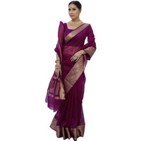 Yashika Women's Plain Organza Saree with Floral Woven Border and Unstitched Blouse Material (AZ-YS-OG1-ORGANZA Purple