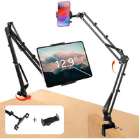 Sounce Lightweight Tabletop Stand Phone Holder, Metal Long Lazy Arm and Bracket for All Mobile for Video Recording, Streaming Video, Office, Compatible with Devices Upto 4-10.6 Inches - Black