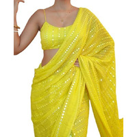 Flosive Women's Thread Sequence Work Georgette Saree With Blouse (LEMON YELLOW)