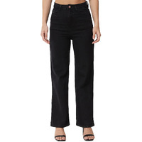 KOTTY Women High Rise Cotton Lycra Regular Length Straight fit Jet Black Solid Jeans (Jet Black,32)