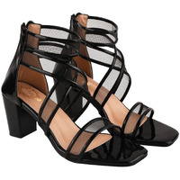 Shoetopia Patent Multi Cross Strap Black Block Heeled Sandals For Women & Girls /UK8