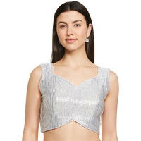 Vihu Fashion Women's Multicolor Sweetheart Neck Georgette Line Soft Sequence Zari Work Sleeves Readymade Saree Blouse (Silver, 38)