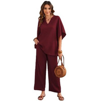 TADKEE Women's Solid Color V-Neck Kaftan Sleeve Co-ord Set for Women | Casual Wear Co ord Set | Kurta Set for Women (FN-Sugar-Cord-121-Maroon-XL)