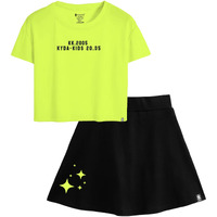 KYDA KIDS100% Pure Cotton Girls Printed Crop Top and Skirt with Attached Inner shorts Co-ords Set in Neon Green & Black (Pack of 1)