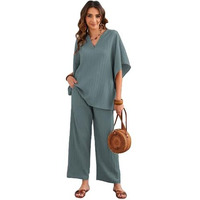 TADKEE Women's Solid Color V-Neck Kaftan Sleeve Co-ord Set for Women | Casual Wear Co ord Set | Kurta Set for Women (FN-Sugar-Cord-121-Green-XL)