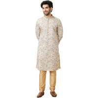 Manyavar Men's Cotton Printed Full Sleeves Knee Length Kurta Set (Beige, XL)