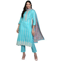 Vaamsi Women's Ethnic Motifs Dyed Straight Kurta Pant With Dupatta Set (VKSKD1908_Turquoise Blue_L)