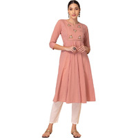 Indya Women's Regular Peach Embroidered Cotton A-Line Kurta (RTN00702_Orange