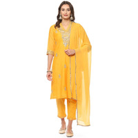 BIBA Women Embroidery Narrow Salwar Cotton Kurta Pant With Dupatta (Skdassorted8497_Yellow_38)