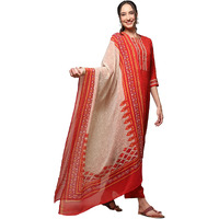 BIBA Polyester Women Printed Straight Salwar Kurta Dupatta(Skdassorted8834_Brown Red_42)