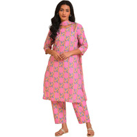 W for Woman Floral Knee Length Cotton Woven Women's Kurta Pant Dupatta Set (Pink,Large)