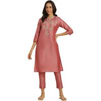 W Pink Embroidered Straight Long Blend Kurta for Women
