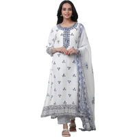 W for Woman White Festive Floral Print Viscose Straight Kurta Set with Straight Pant & Dupatta_24FEWS10621-122989_2XL