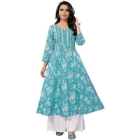 rangita Turquoise Cotton Calf Length Embroidered Anarkali Kurti | Kurta for Women_L